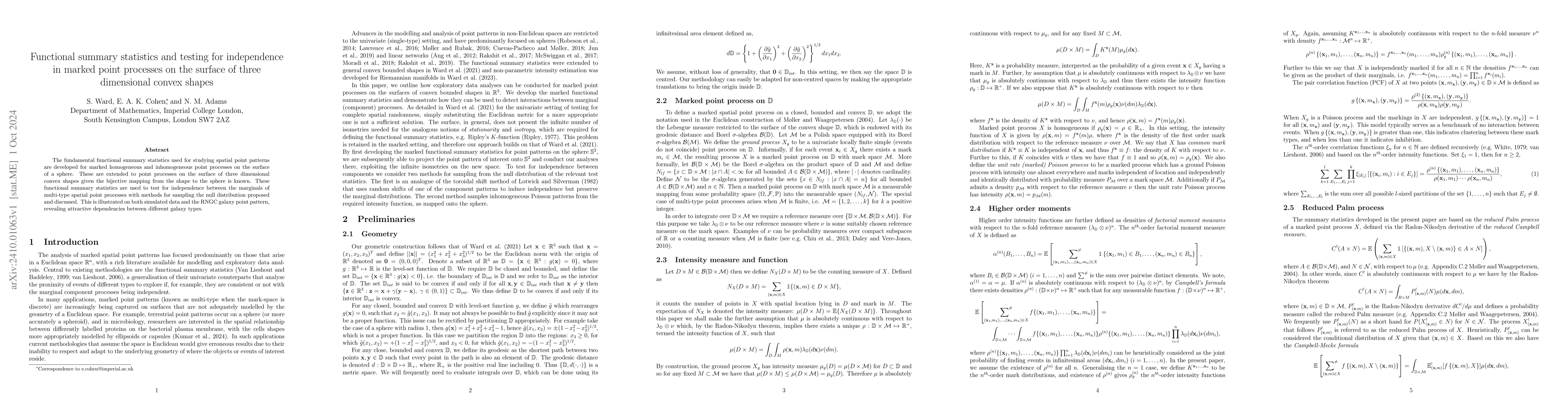 Thumbnail for Functional summary statistics and testing for independence in marked
  point processes on the surface of three dimensional convex shapes