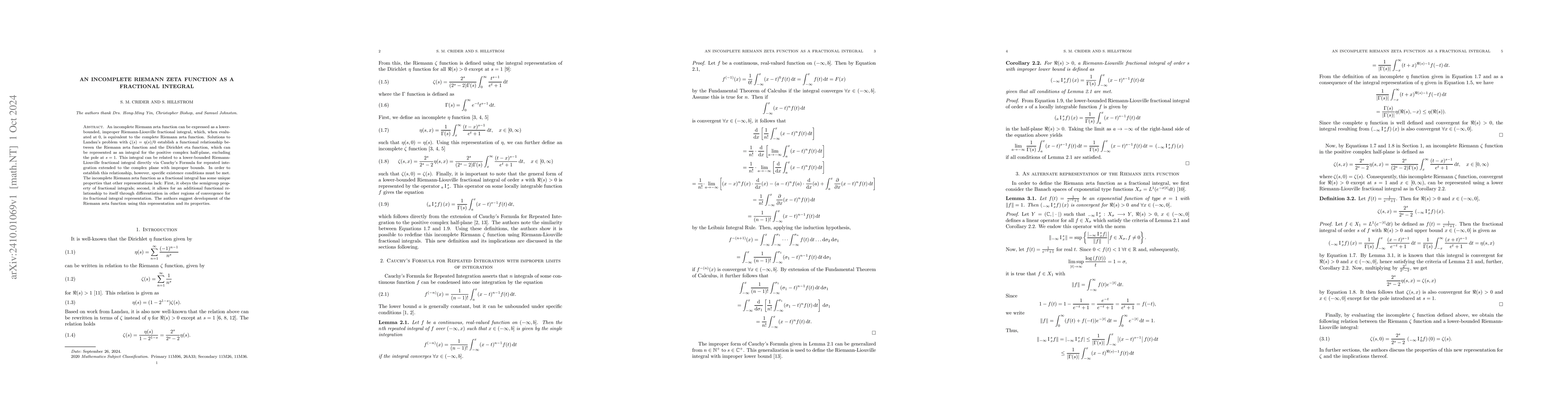 Thumbnail for An incomplete Riemann Zeta function as a fractional integral
