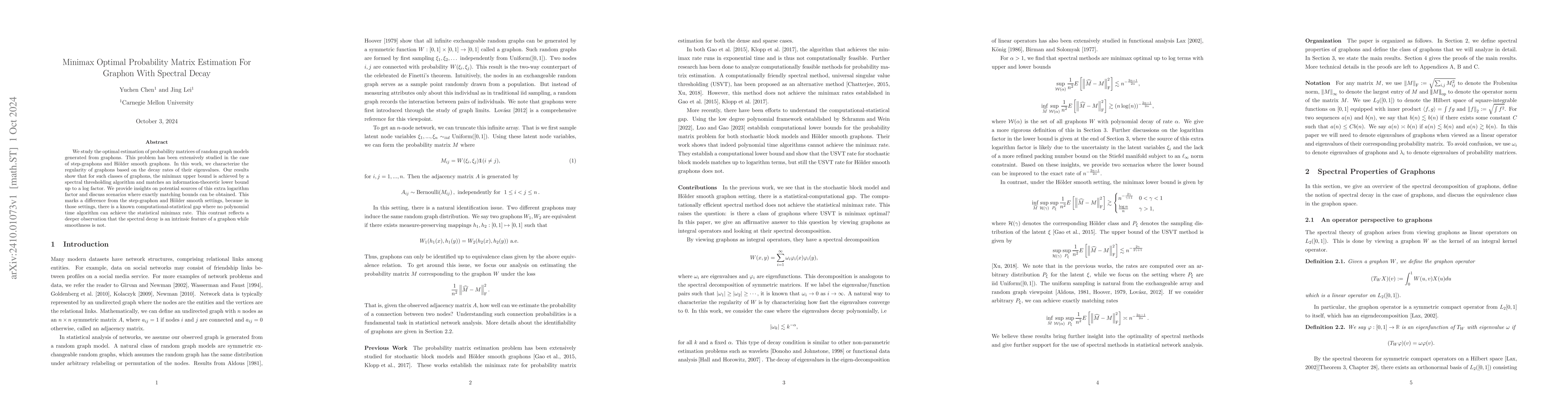 Thumbnail for Minimax Optimal Probability Matrix Estimation For Graphon With Spectral
  Decay