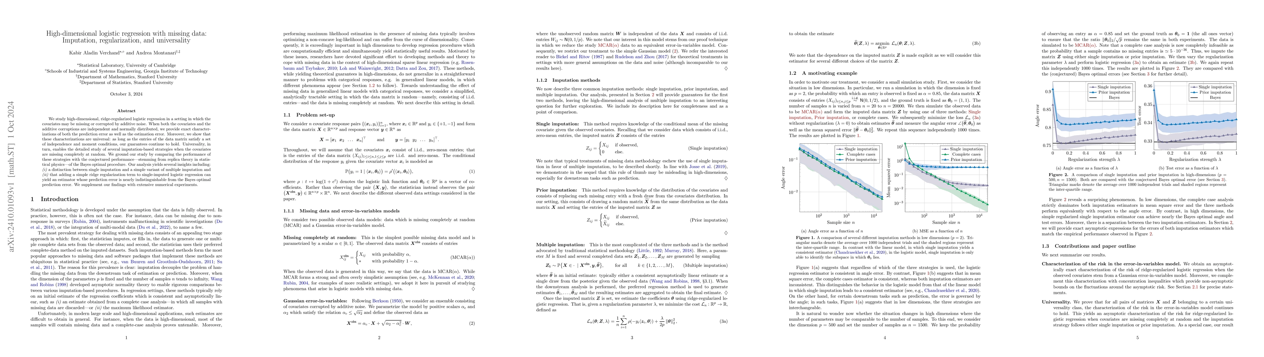 Thumbnail for High-dimensional logistic regression with missing data: Imputation,
  regularization, and universality