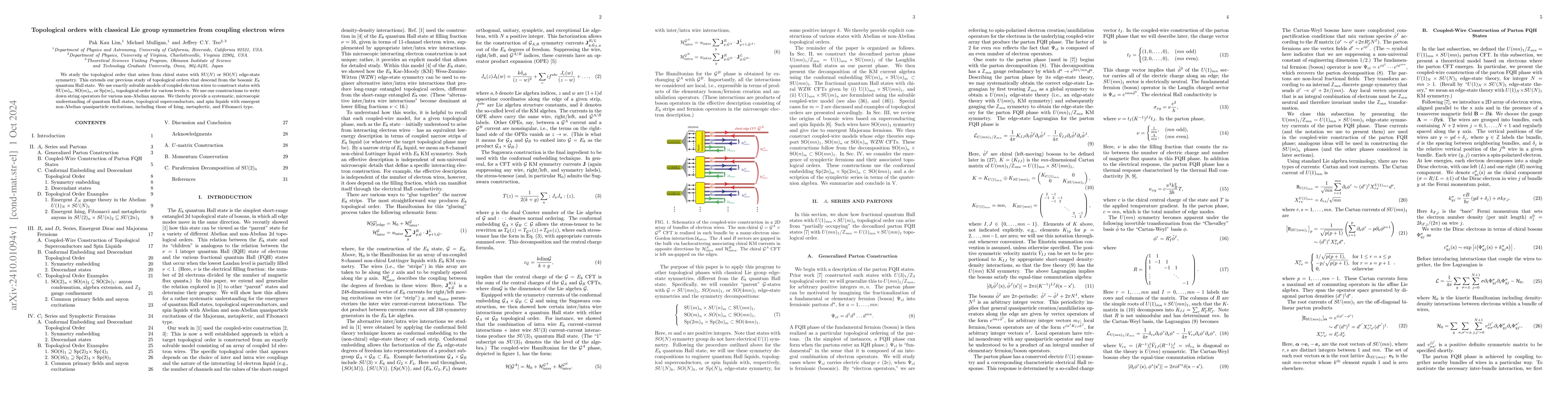 Thumbnail for Topological orders with classical Lie group symmetries from coupling
  electron wires