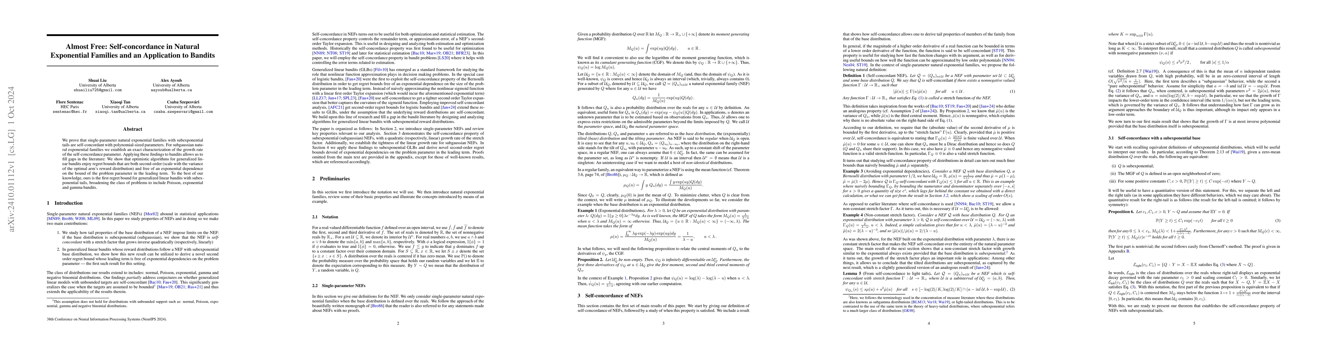 Thumbnail for Almost Free: Self-concordance in Natural Exponential Families and an
  Application to Bandits