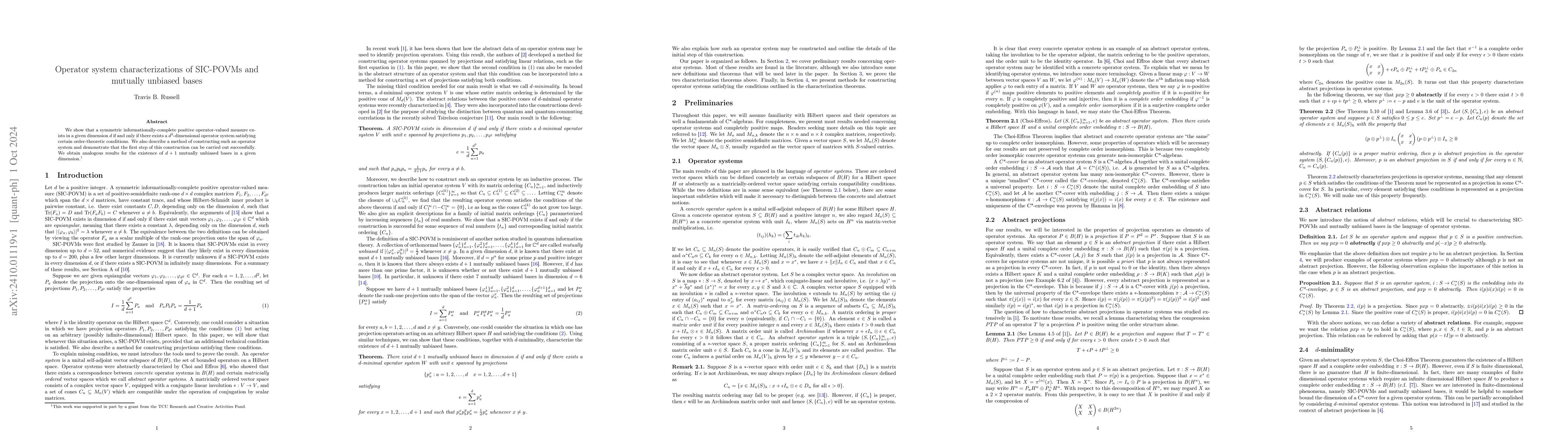 Thumbnail for Operator system characterizations of SIC-POVMs and mutually unbiased
  bases