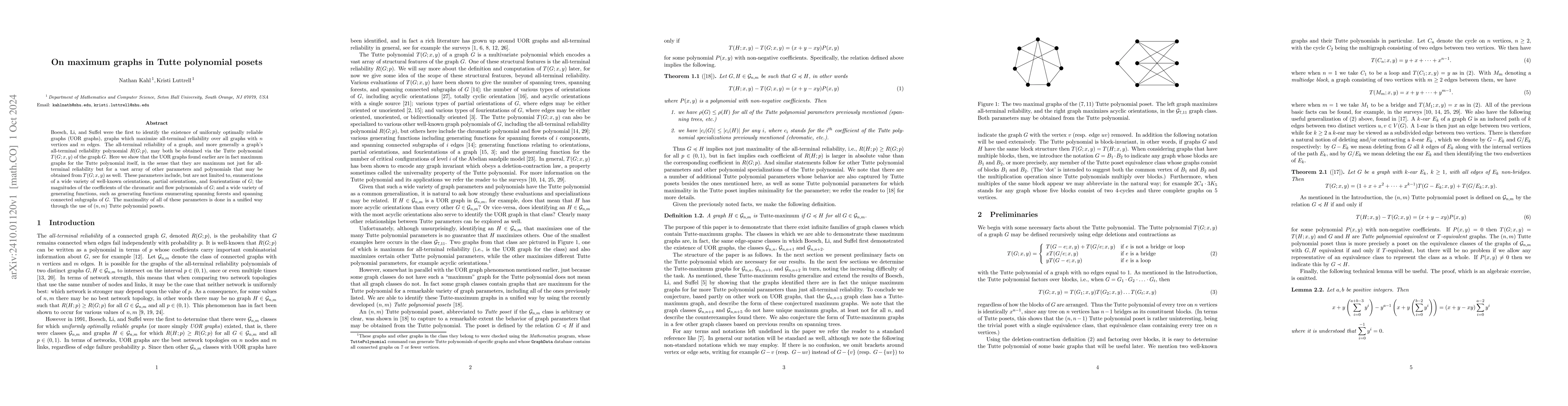 Thumbnail for On maximum graphs in Tutte polynomial posets