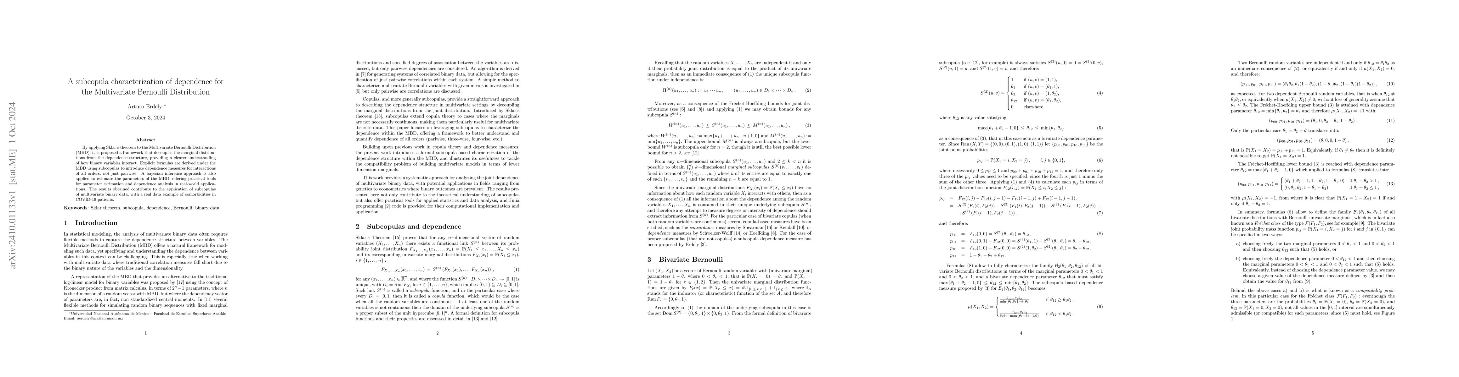 Thumbnail for A subcopula characterization of dependence for the Multivariate
  Bernoulli Distribution
