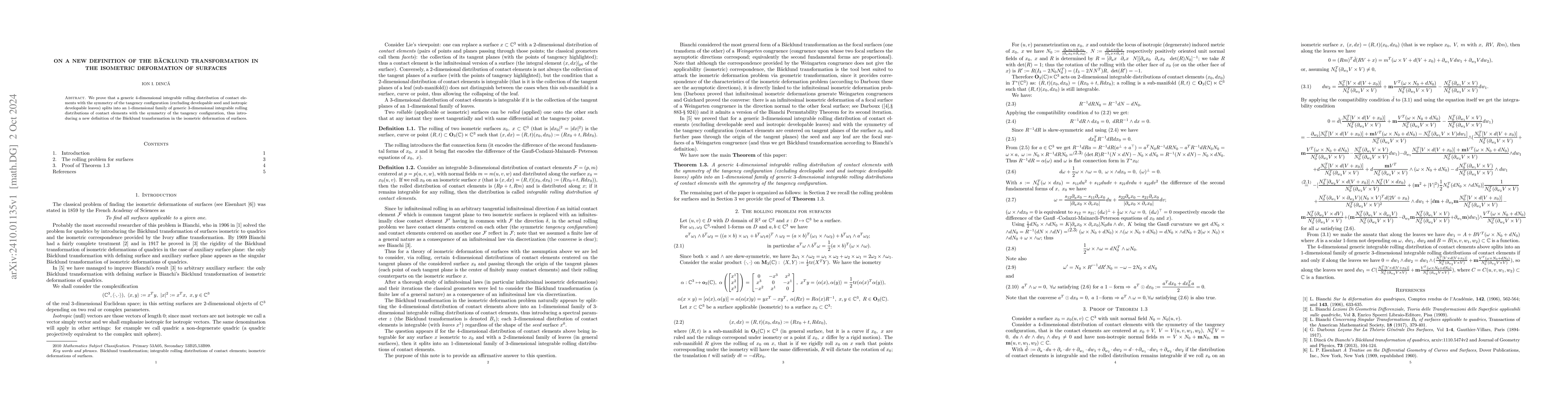 Thumbnail for On a new definition of the Bäcklund transformation in the isometric
  deformation of surfaces