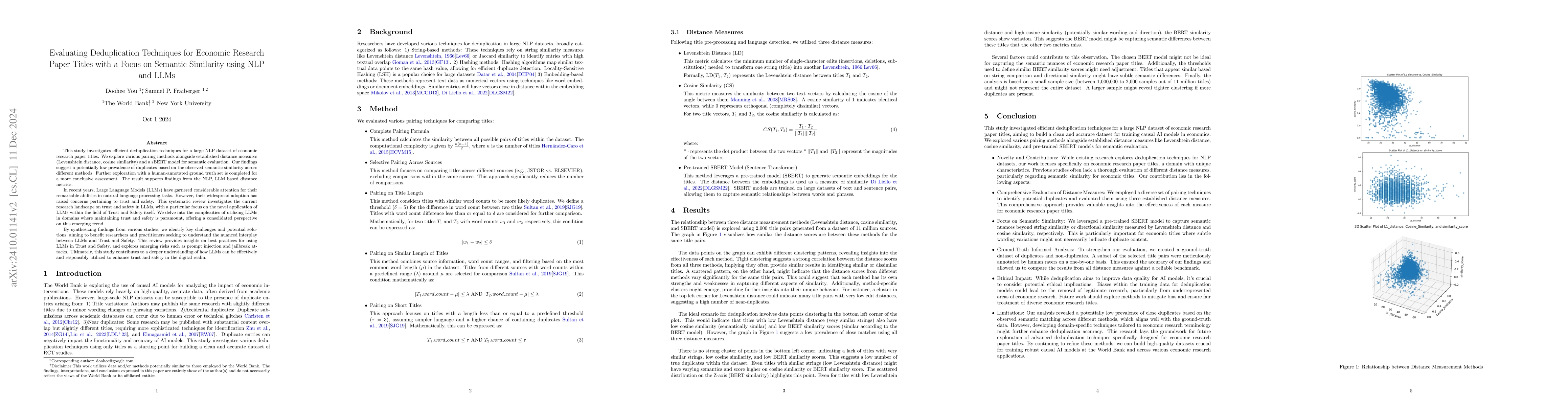 Thumbnail for Evaluating Deduplication Techniques for Economic Research Paper Titles
  with a Focus on Semantic Similarity using NLP and LLMs