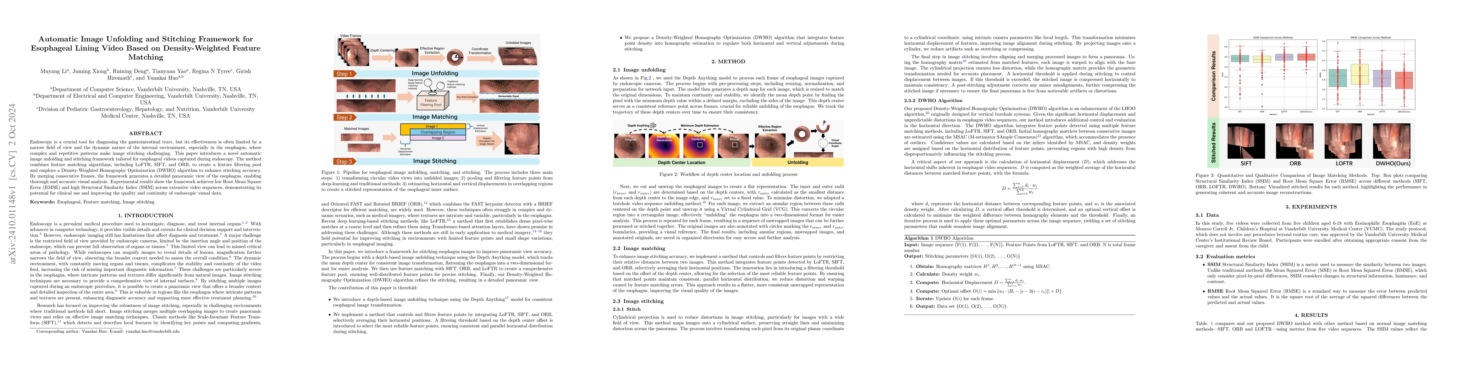 Thumbnail for Automatic Image Unfolding and Stitching Framework for Esophageal Lining
  Video Based on Density-Weighted Feature Matching