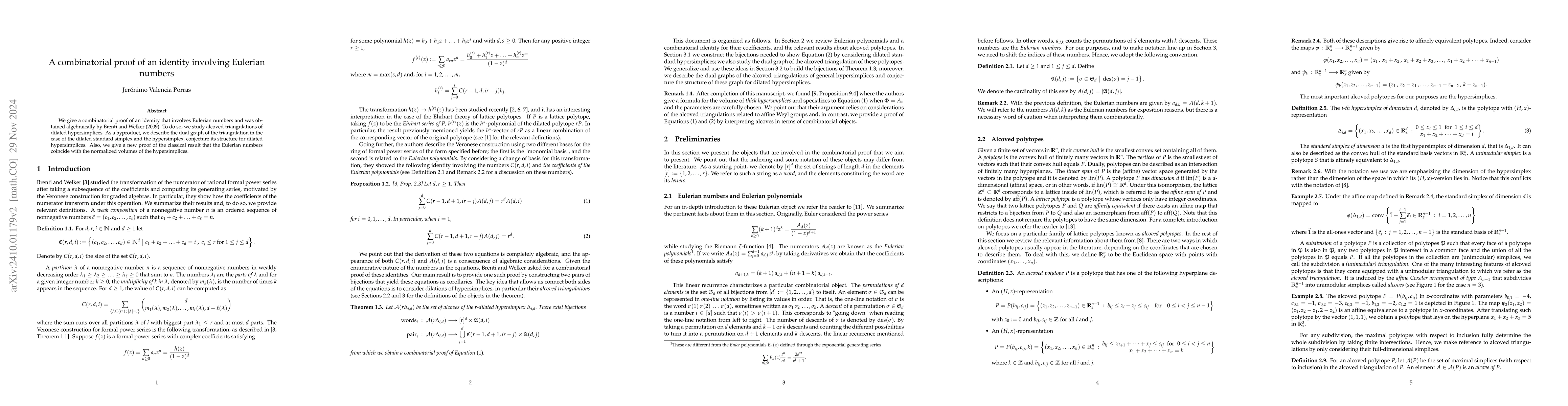 Thumbnail for A combinatorial proof of an identity involving Eulerian numbers