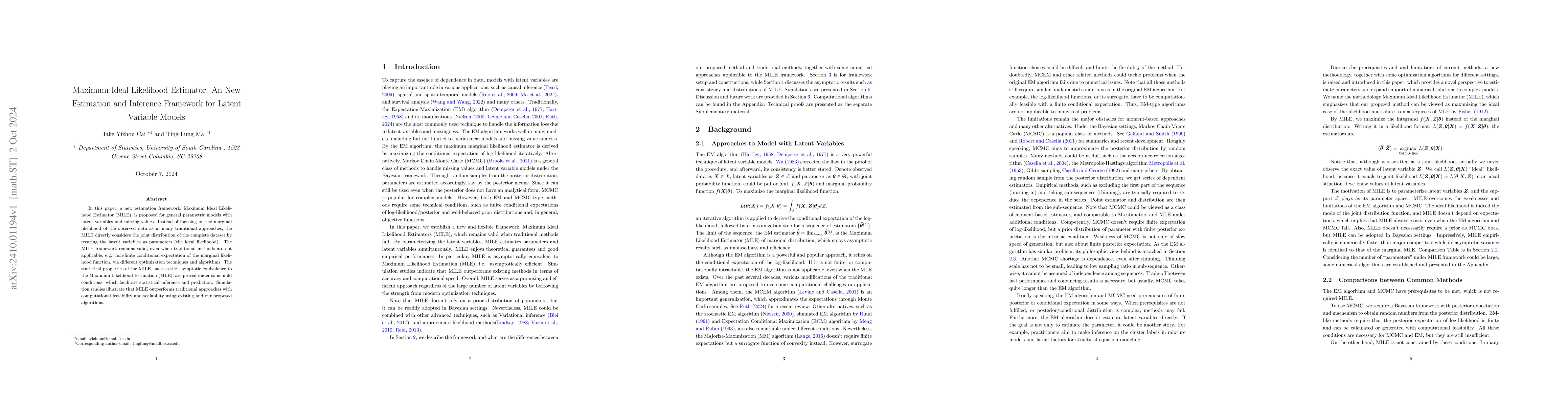 Thumbnail for Maximum Ideal Likelihood Estimator: An New Estimation and Inference
  Framework for Latent Variable Models