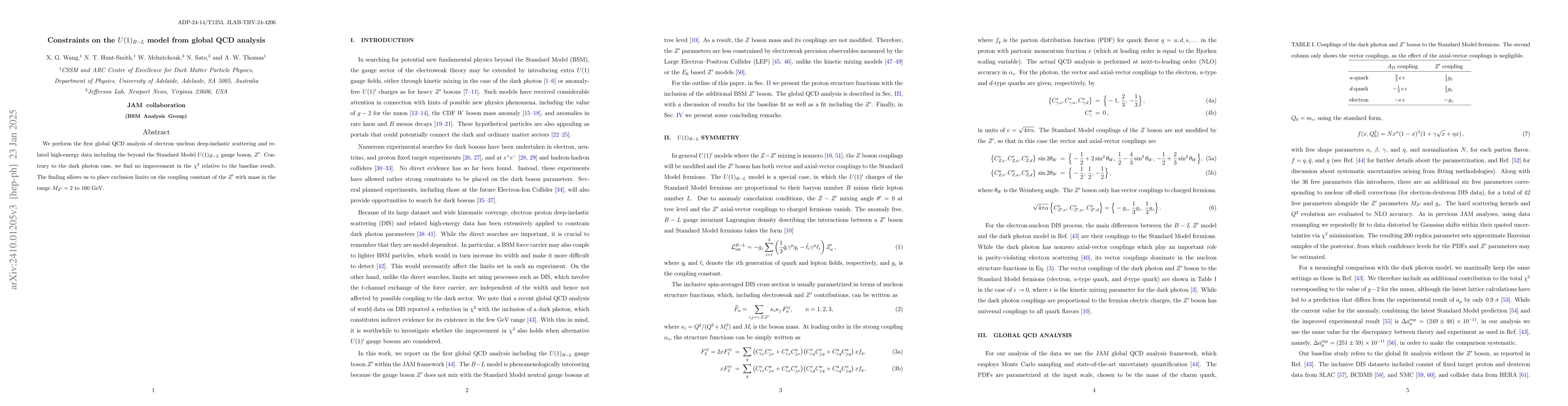 Thumbnail for Constraints on the $U(1)_{B-L}$ model from global QCD analysis