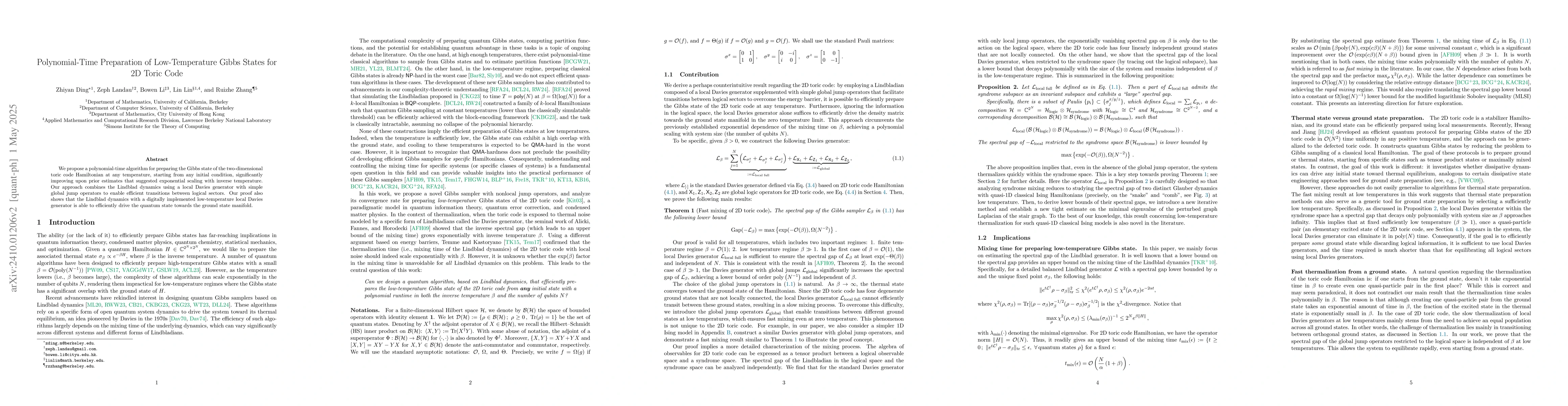 Thumbnail for Polynomial-Time Preparation of Low-Temperature Gibbs States for 2D Toric
  Code