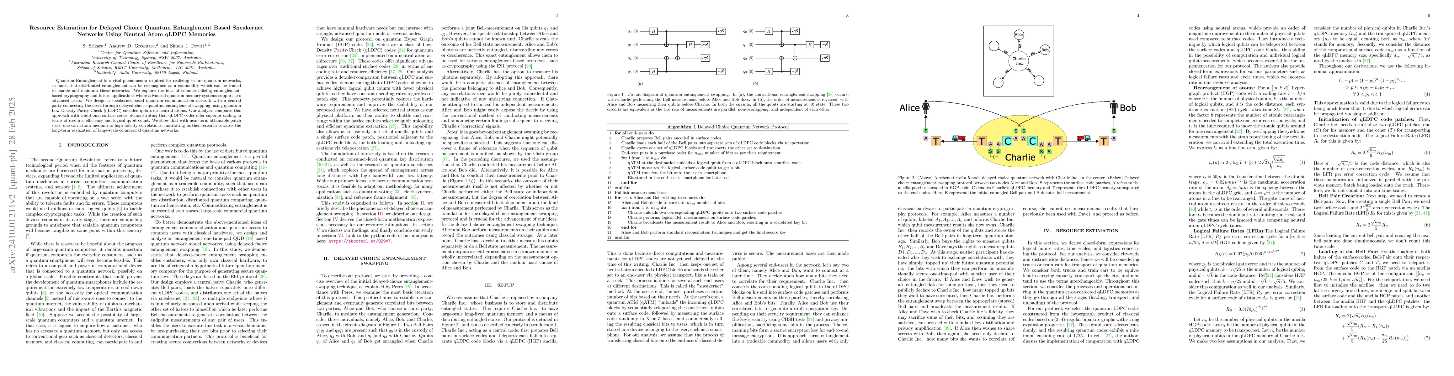 Thumbnail for Resource Estimation for Delayed Choice Quantum Entanglement Based
  Sneakernet Networks Using Neutral Atom qLDPC Memories