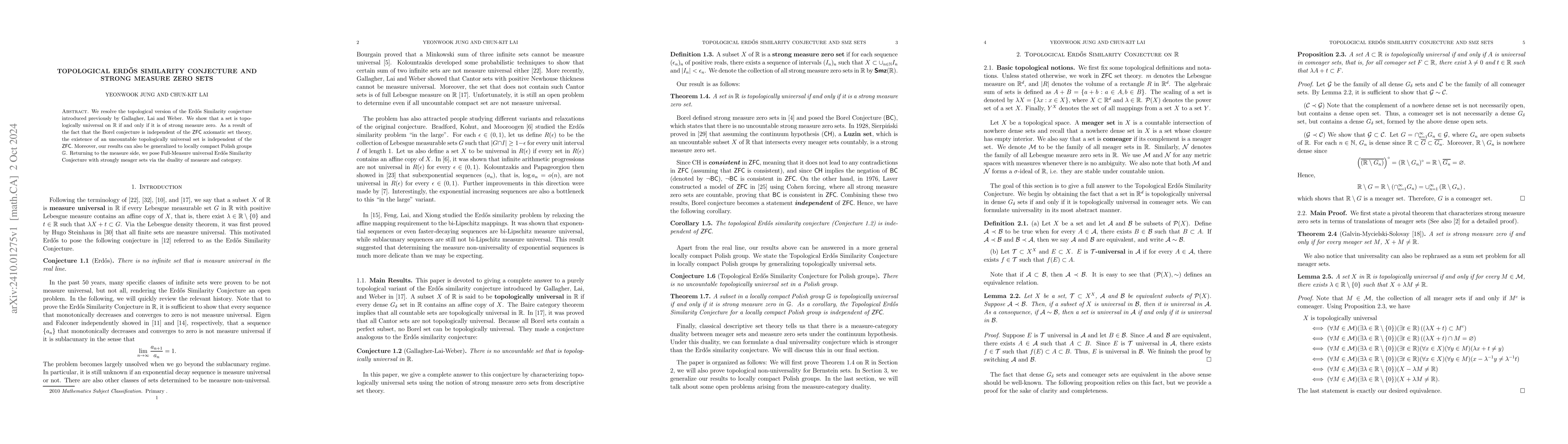 Thumbnail for Topological Erdős similarity conjecture and Strong Measure zero sets