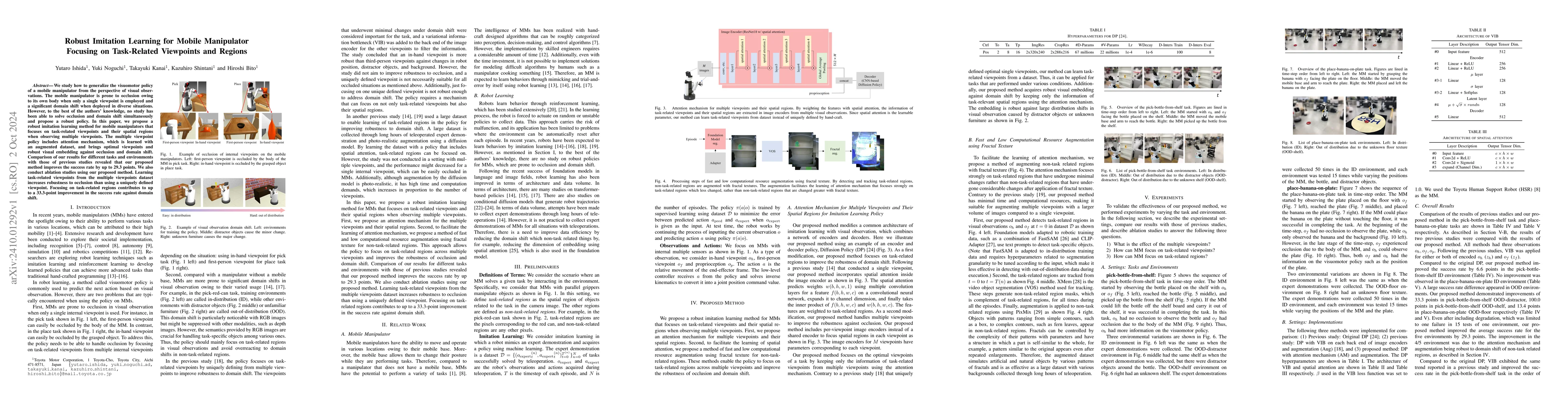 Thumbnail for Robust Imitation Learning for Mobile Manipulator Focusing on
  Task-Related Viewpoints and Regions