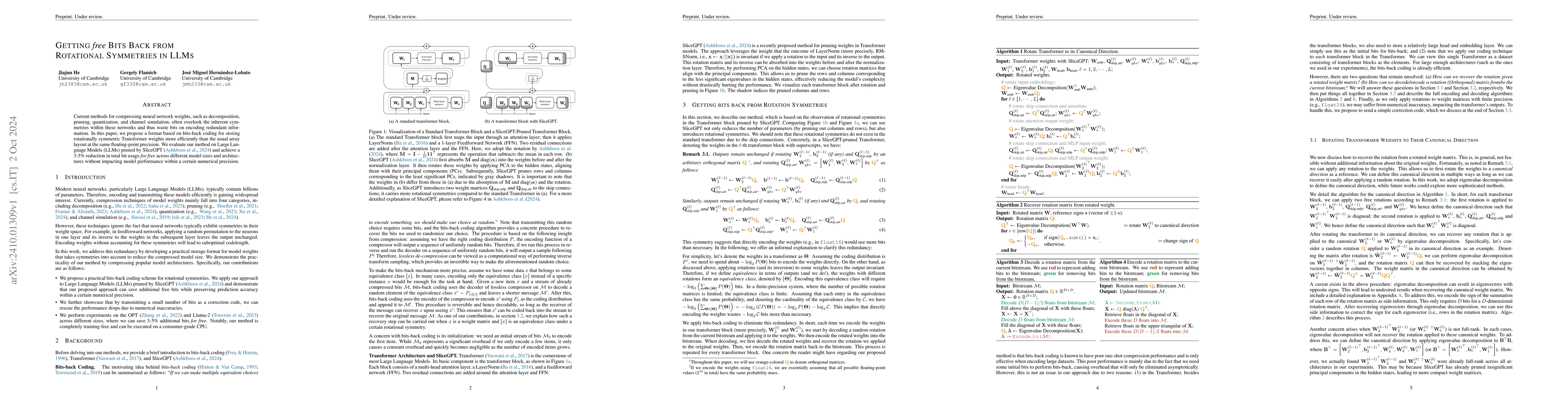 Thumbnail for Getting Free Bits Back from Rotational Symmetries in LLMs