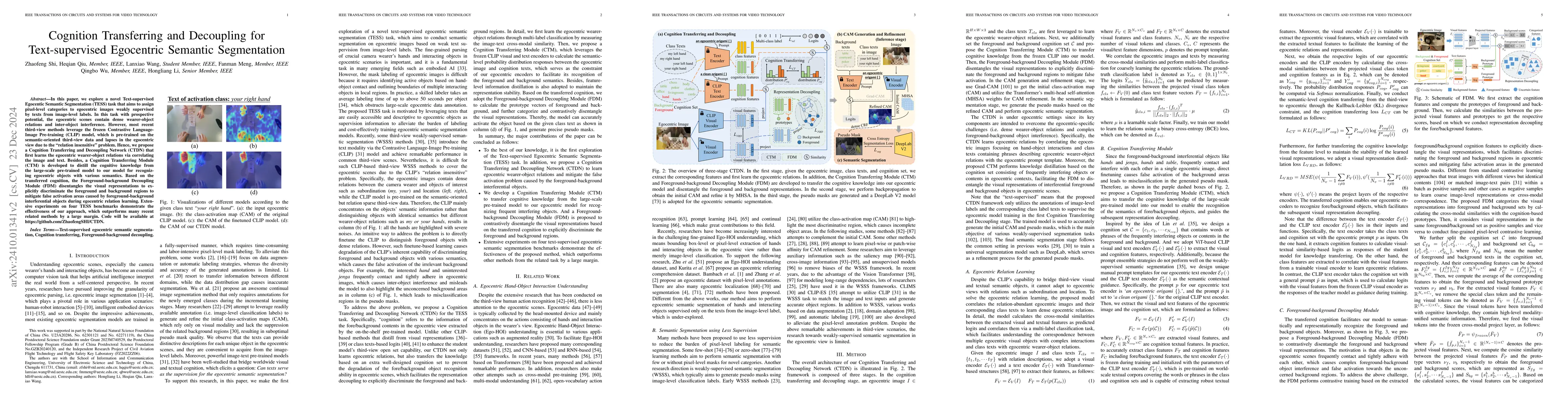 Thumbnail for Cognition Transferring and Decoupling for Text-supervised Egocentric
  Semantic Segmentation