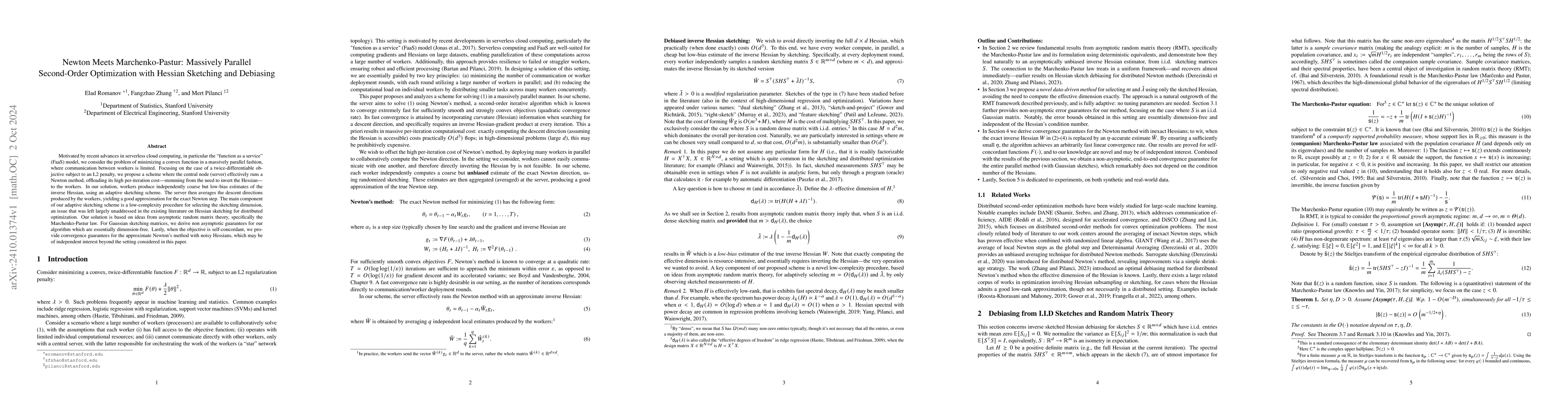Thumbnail for Newton Meets Marchenko-Pastur: Massively Parallel Second-Order
  Optimization with Hessian Sketching and Debiasing