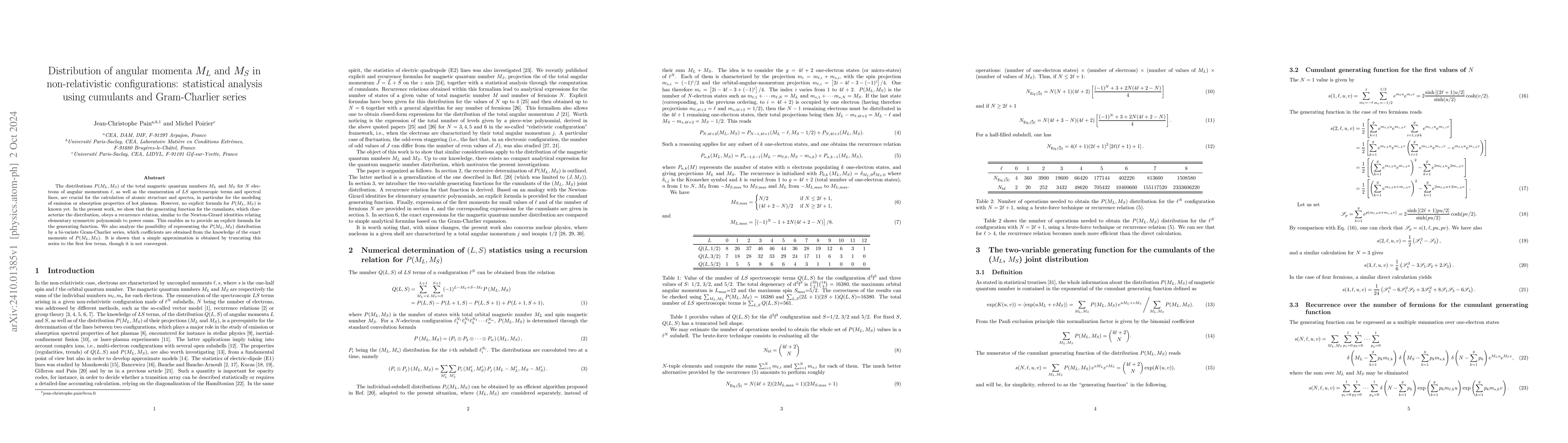 Thumbnail for Distribution of angular momenta $M_L$ and $M_S$ in non-relativistic
  configurations: statistical analysis using cumulants and Gram-Charlier series