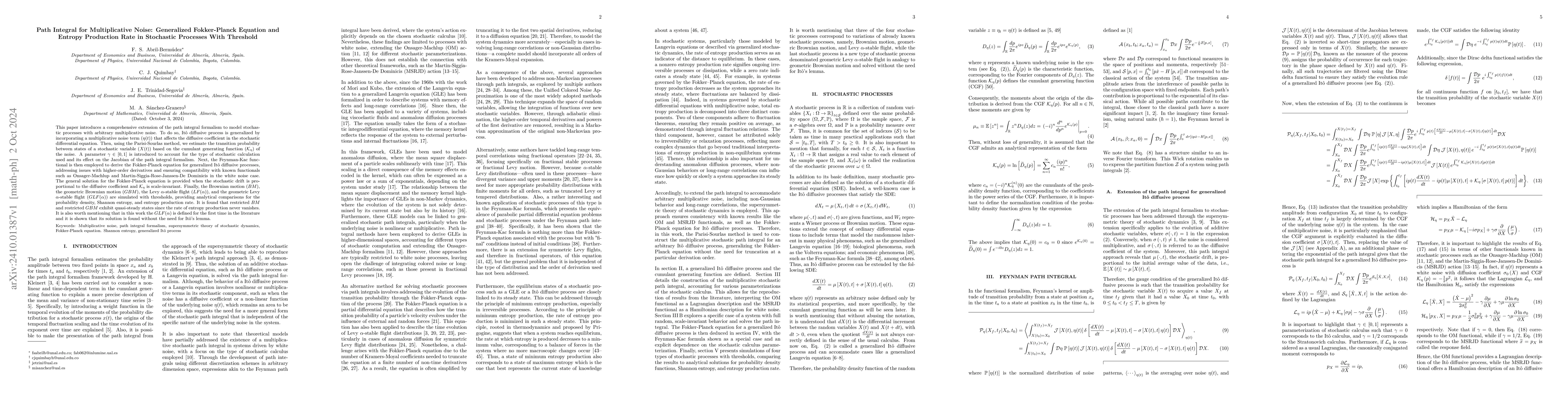 Thumbnail for Path Integral for Multiplicative Noise: Generalized Fokker-Planck
  Equation and Entropy Production Rate in Stochastic Processes With Threshold
