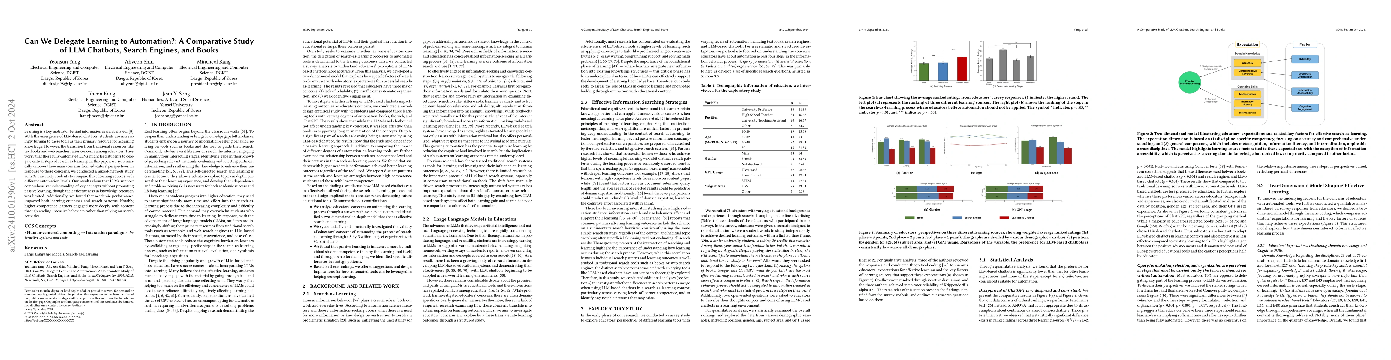 Thumbnail for Can We Delegate Learning to Automation?: A Comparative Study of LLM
  Chatbots, Search Engines, and Books