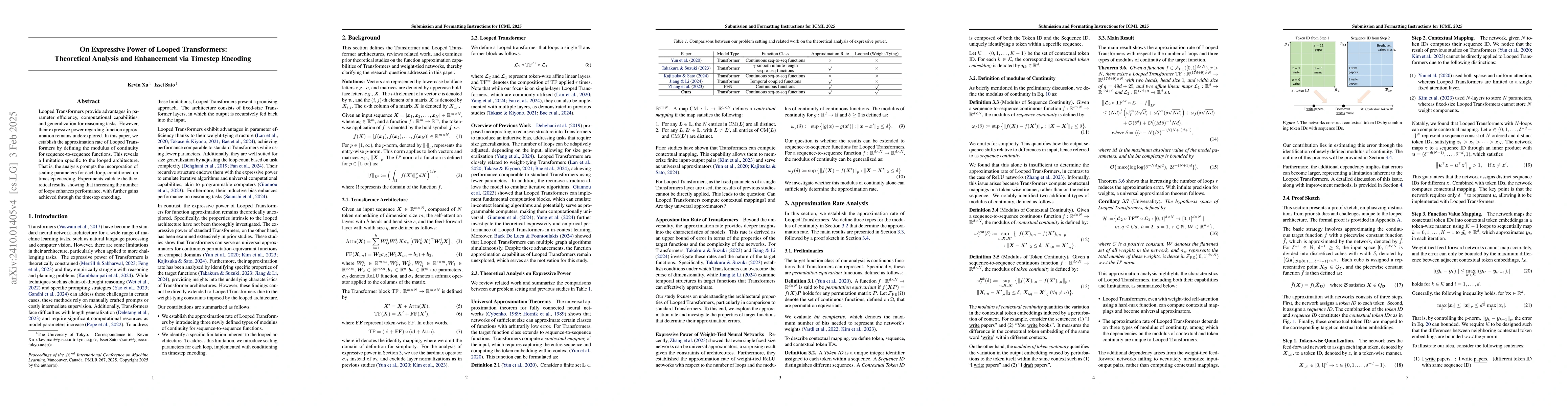 Thumbnail for On Expressive Power of Looped Transformers: Theoretical Analysis and
  Enhancement via Timestep Encoding