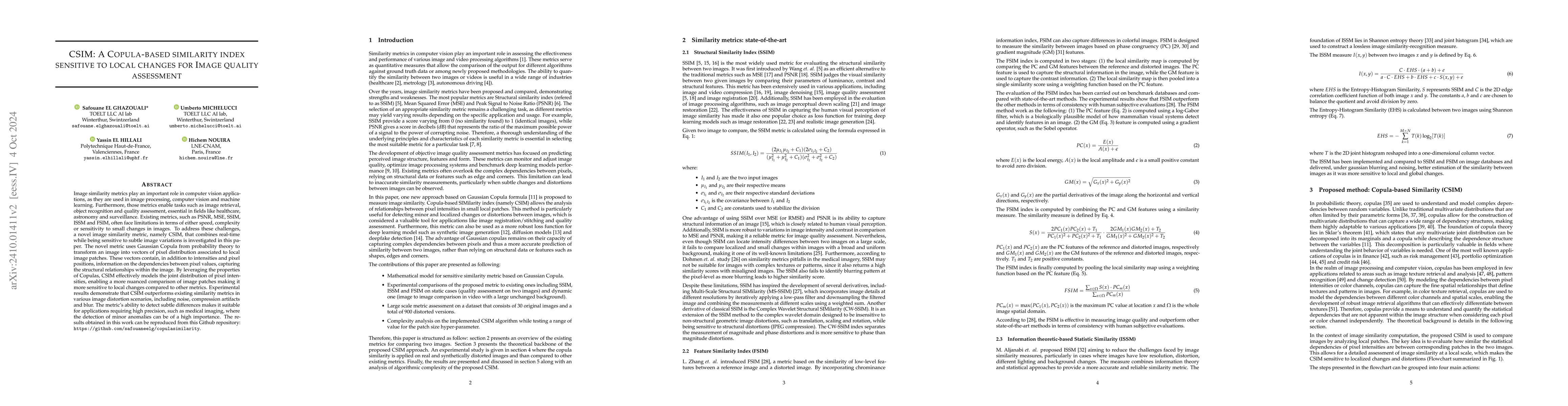 Thumbnail for CSIM: A Copula-based similarity index sensitive to local changes for
  Image quality assessment