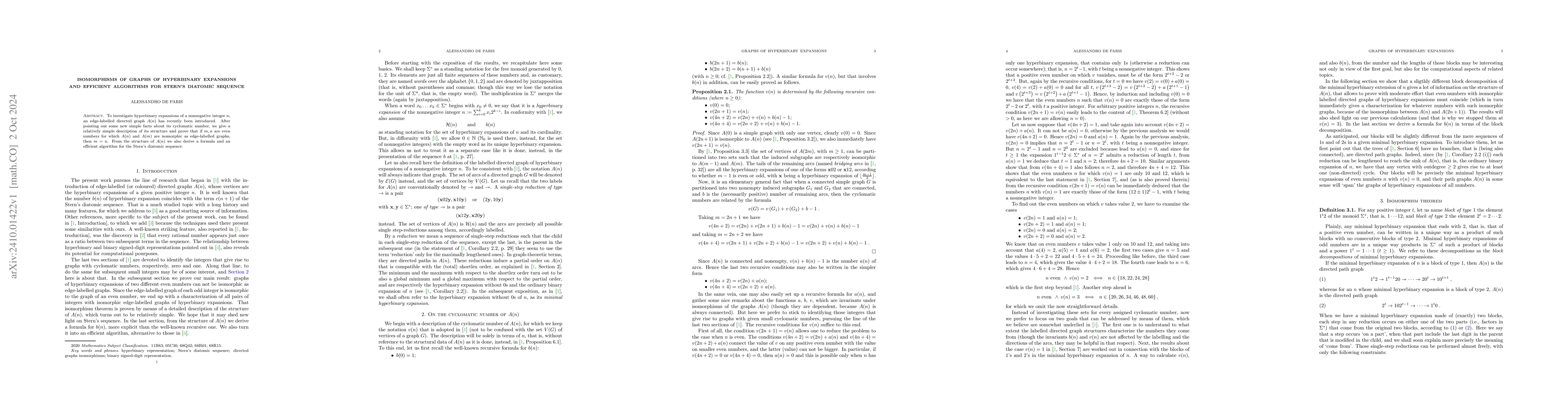 Thumbnail for Isomorphisms of graphs of Hyperbinary Expansions and Efficient
  Algorithms for Stern's Diatomic Sequence