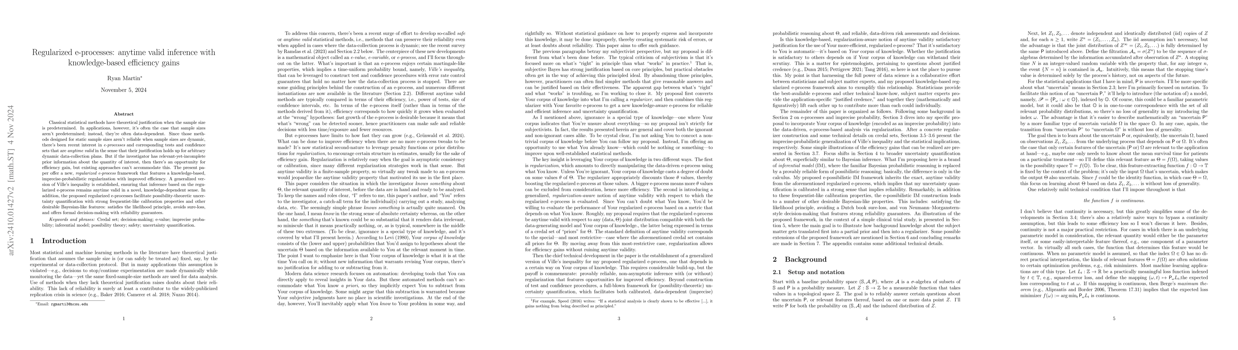 Thumbnail for Regularized e-processes: anytime valid inference with knowledge-based
  efficiency gains
