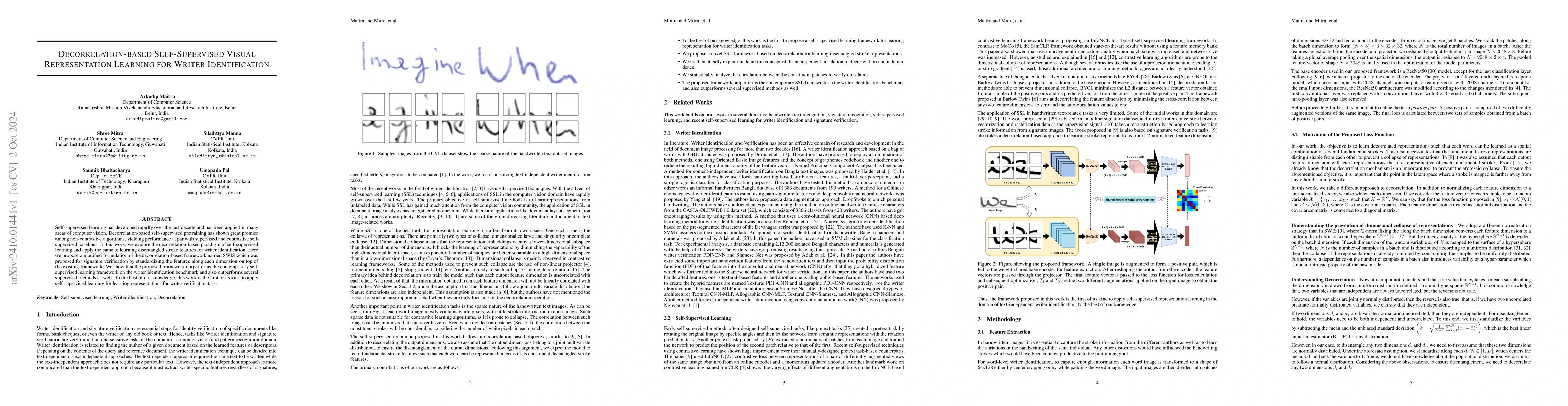 Thumbnail for Decorrelation-based Self-Supervised Visual Representation Learning for
  Writer Identification
