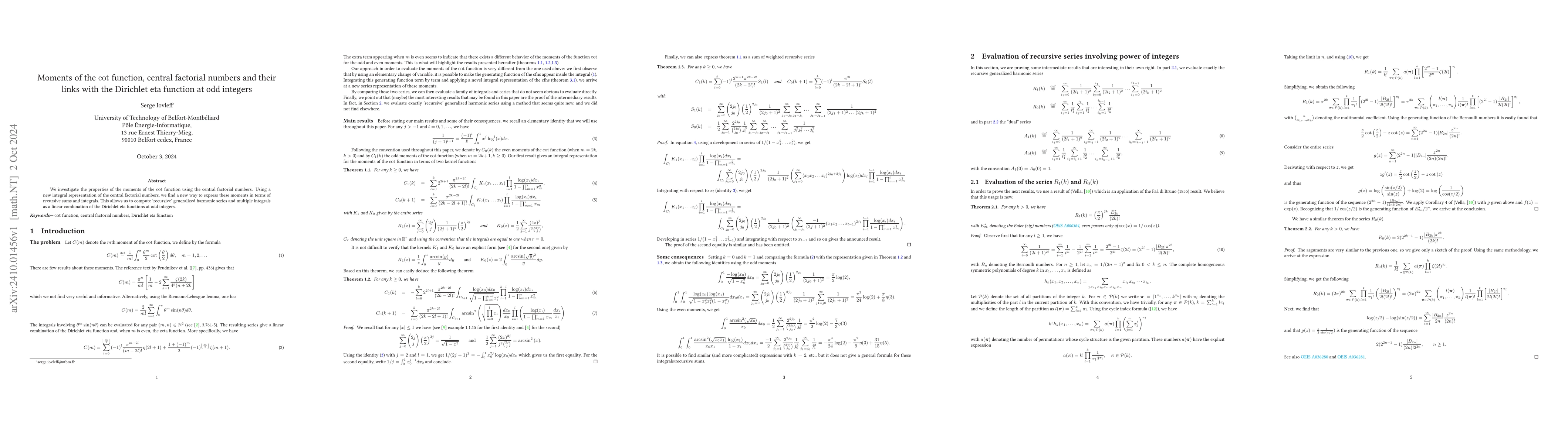 Thumbnail for Moments of the cot function, central factorial numbers and their links
  with the Dirichlet eta function at odd integers