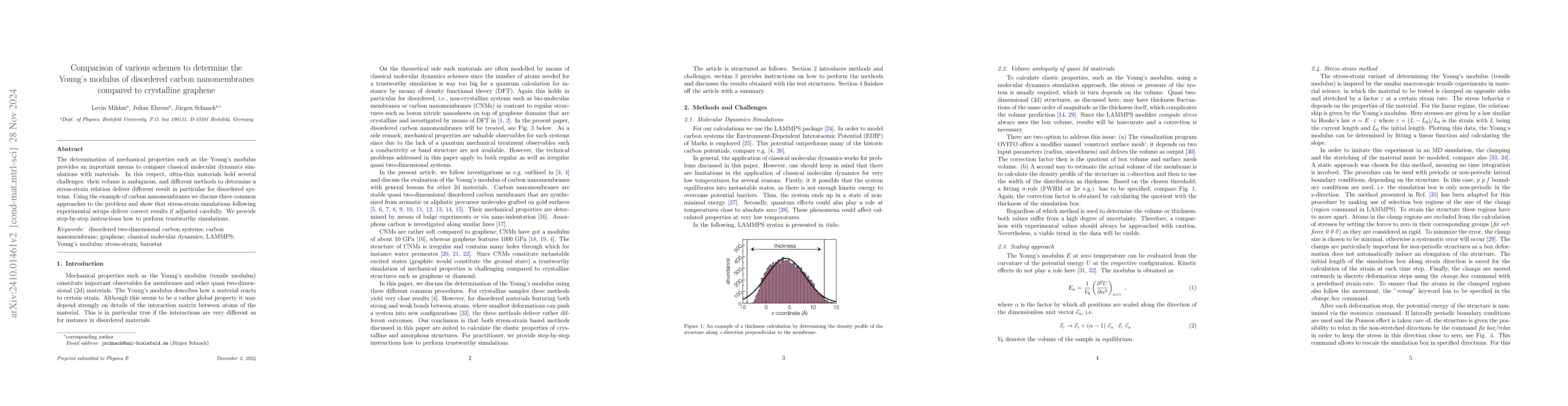 Thumbnail for Comparison of various schemes to determine the Young's modulus of
  disordered carbon nanomembranes compared to crystalline graphene