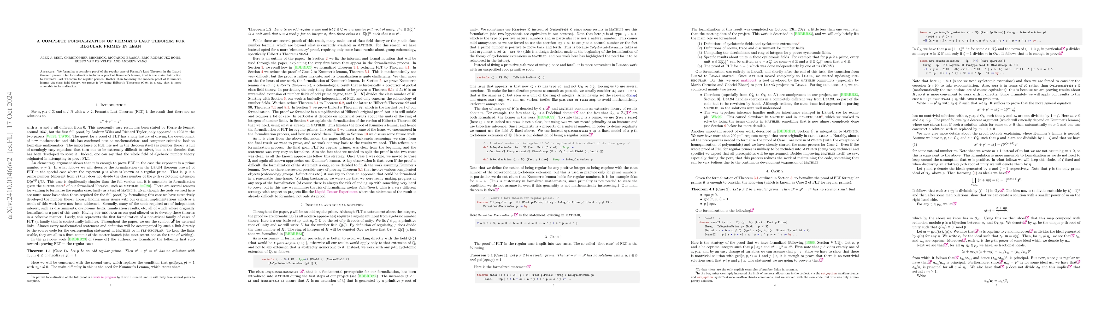 Thumbnail for A complete formalization of Fermat's Last Theorem for regular primes in
  Lean