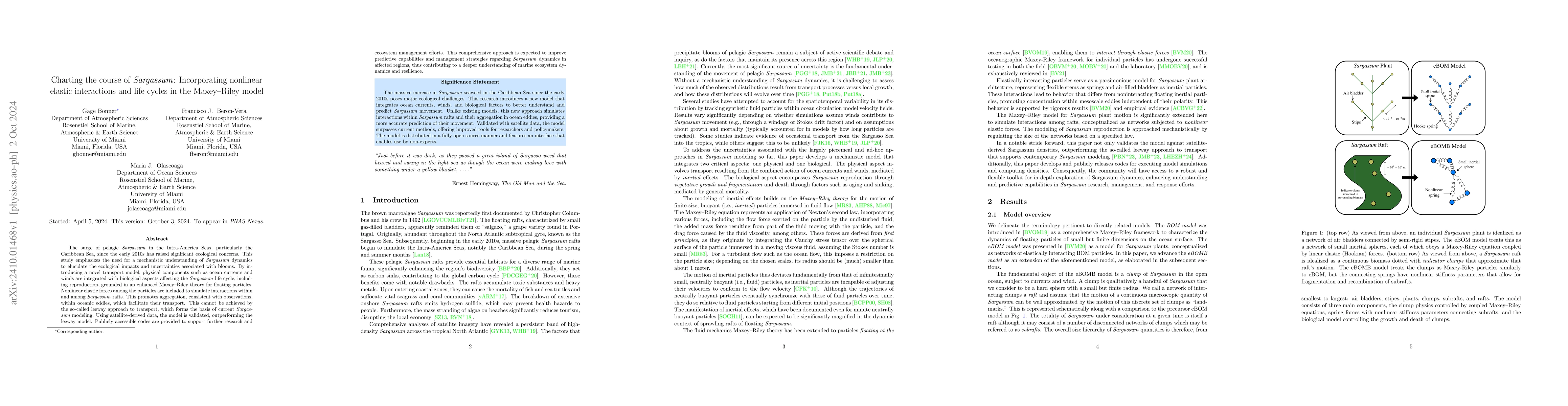 Thumbnail for Charting the course of \emph{Sargassum}: Incorporating nonlinear elastic
  interactions and life cycles in the Maxey--Riley model