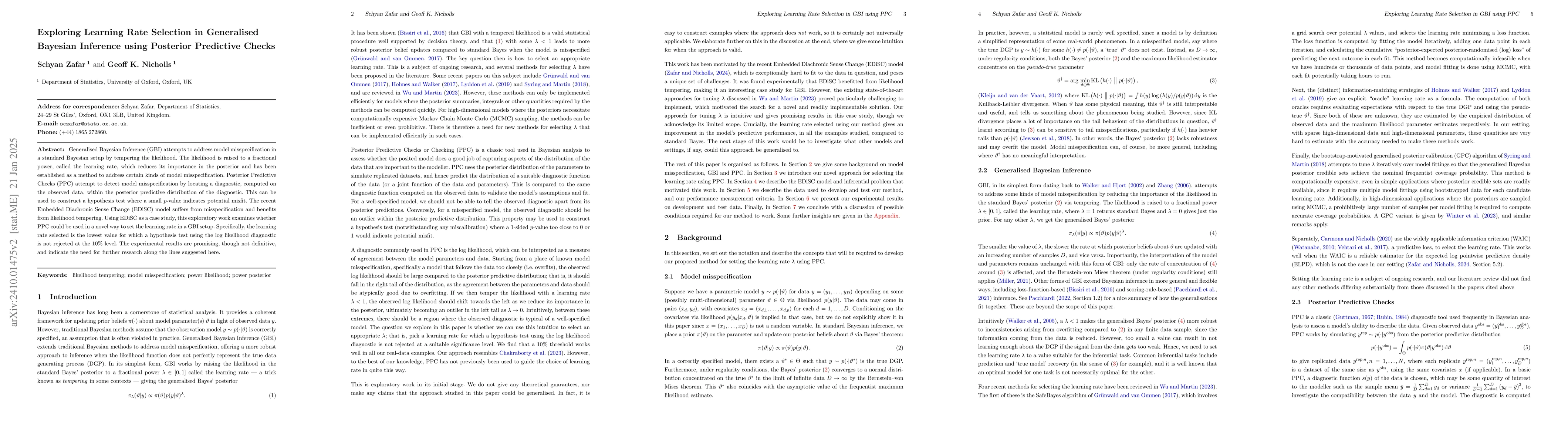 Thumbnail for Exploring Learning Rate Selection in Generalised Bayesian Inference
  using Posterior Predictive Checks