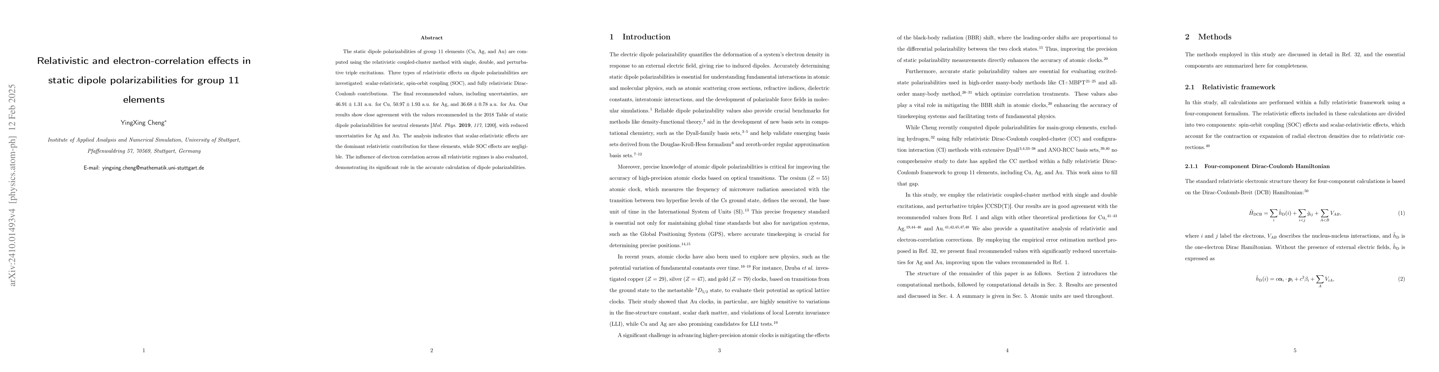 Thumbnail for Relativistic and electron-correlation effects in static dipole
  polarizabilities for group 11 elements