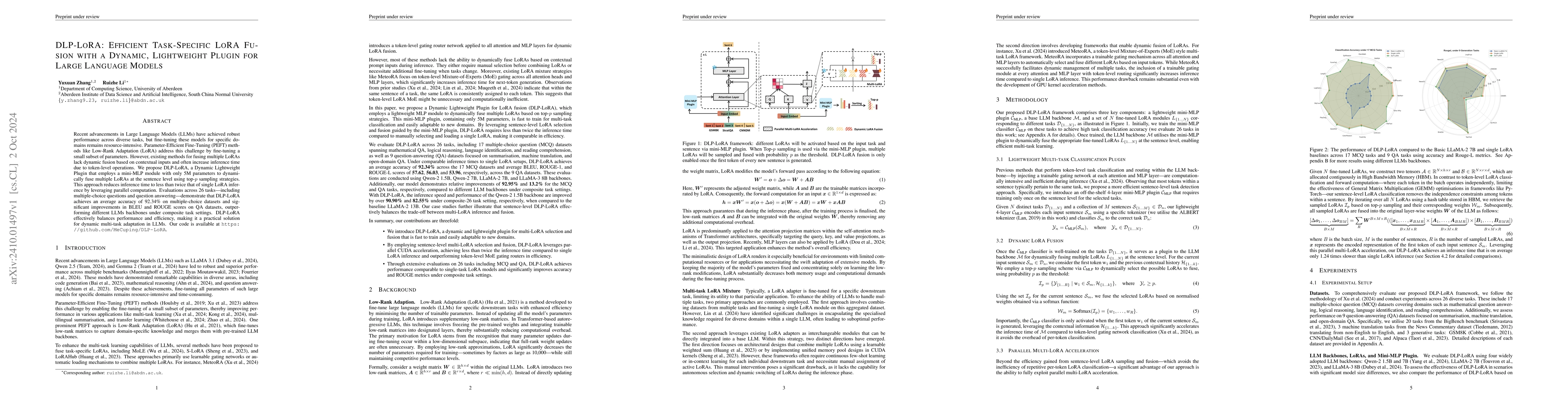 Thumbnail for DLP-LoRA: Efficient Task-Specific LoRA Fusion with a Dynamic,
  Lightweight Plugin for Large Language Models