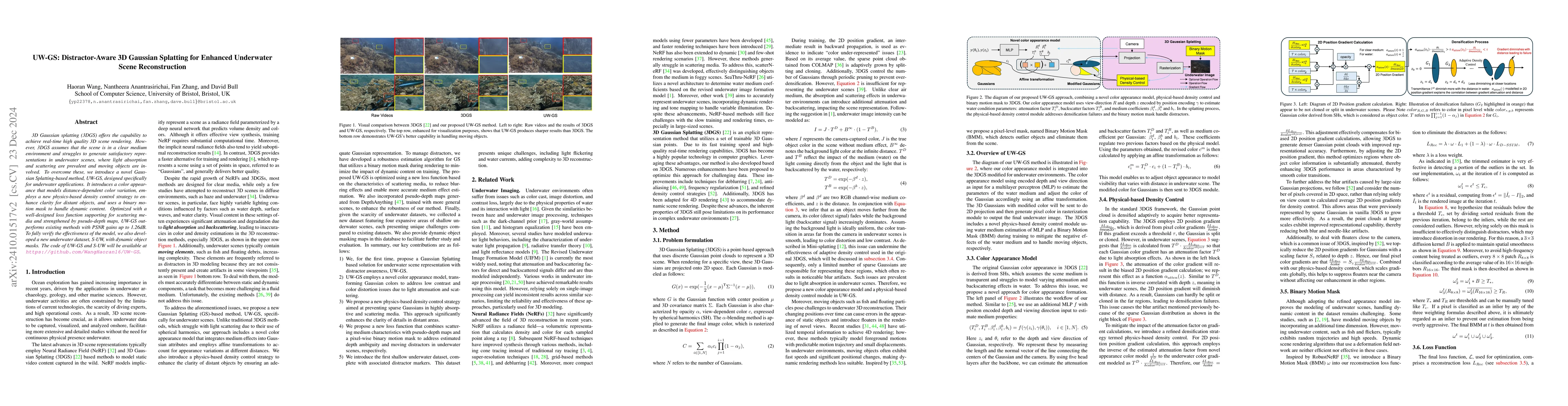 Thumbnail for UW-GS: Distractor-Aware 3D Gaussian Splatting for Enhanced Underwater
  Scene Reconstruction