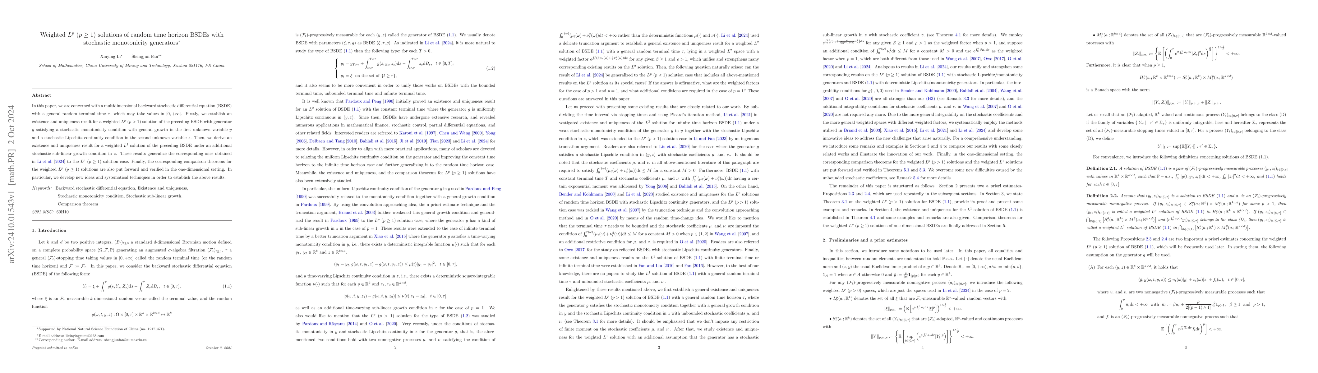 Thumbnail for Weighted $L^p~(p\geq1)$ solutions of random time horizon BSDEs with
  stochastic monotonicity generators