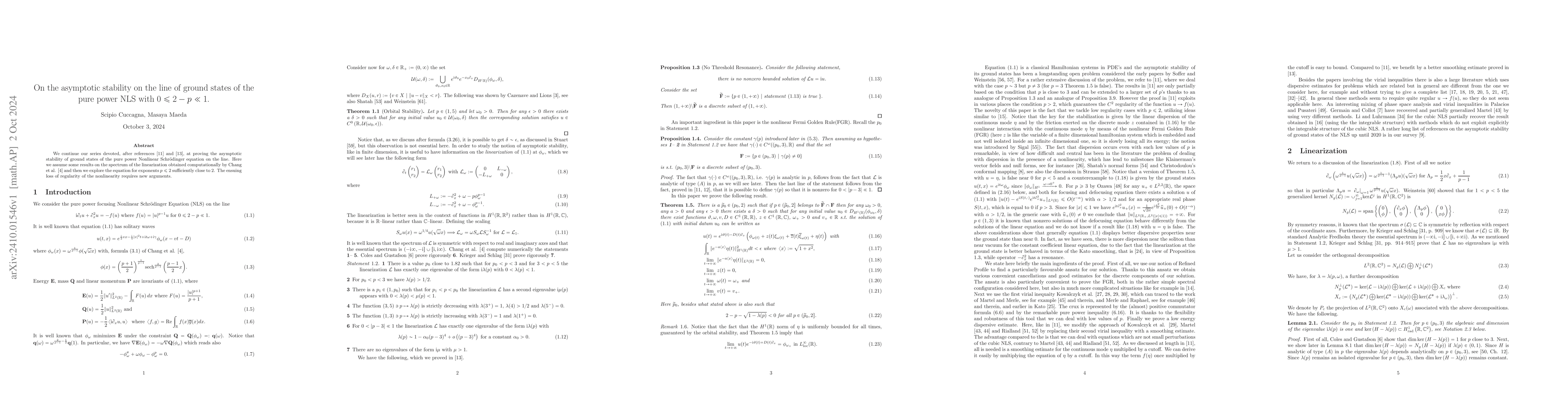 Thumbnail for On the asymptotic stability on the line of ground states of the pure
  power NLS with $ 0\le 2-p \ll 1 $