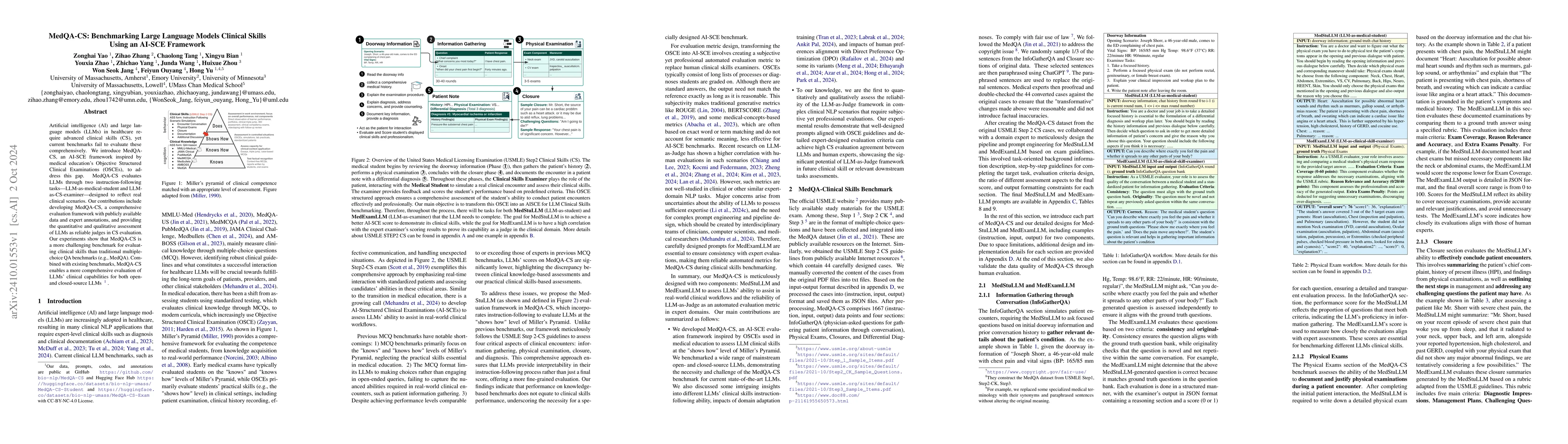 Thumbnail for MedQA-CS: Benchmarking Large Language Models Clinical Skills Using an
  AI-SCE Framework