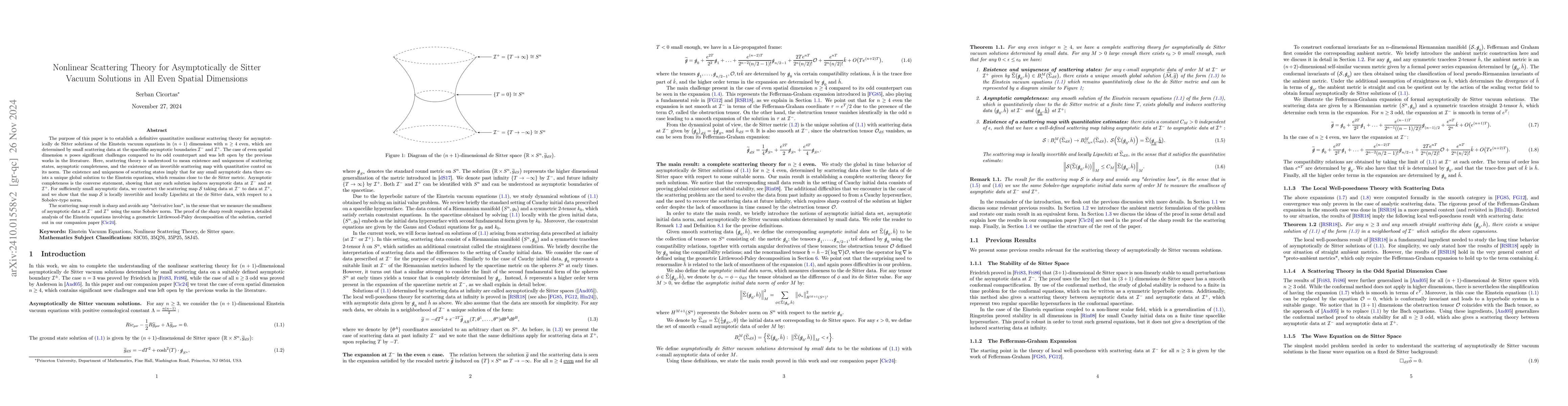 Thumbnail for Nonlinear Scattering Theory for Asymptotically de Sitter Vacuum
  Solutions in All Even Spatial Dimensions