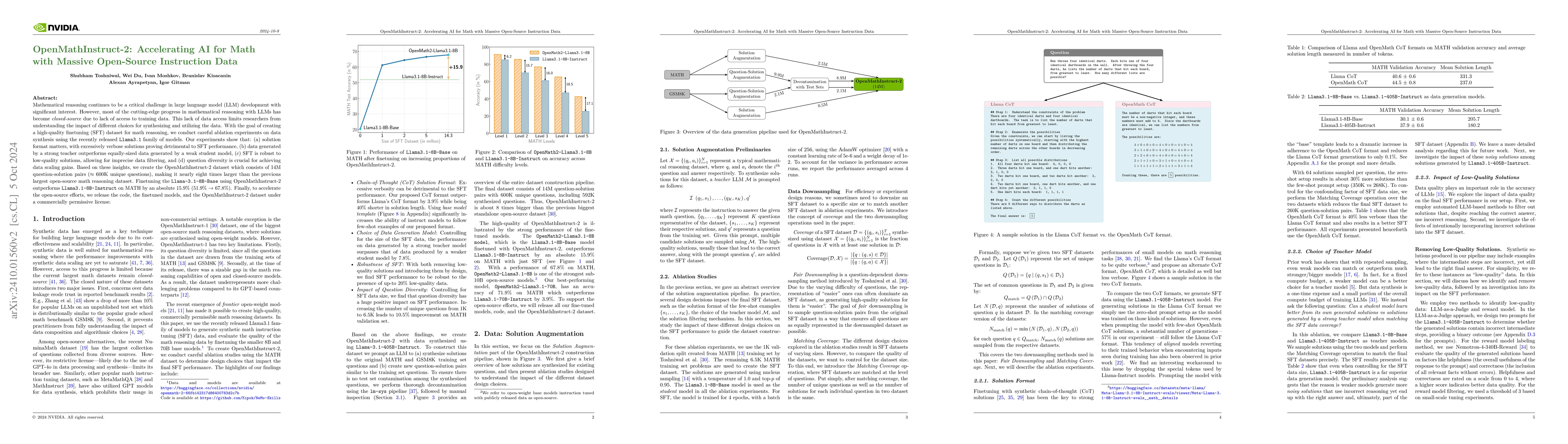 Thumbnail for OpenMathInstruct-2: Accelerating AI for Math with Massive Open-Source
  Instruction Data