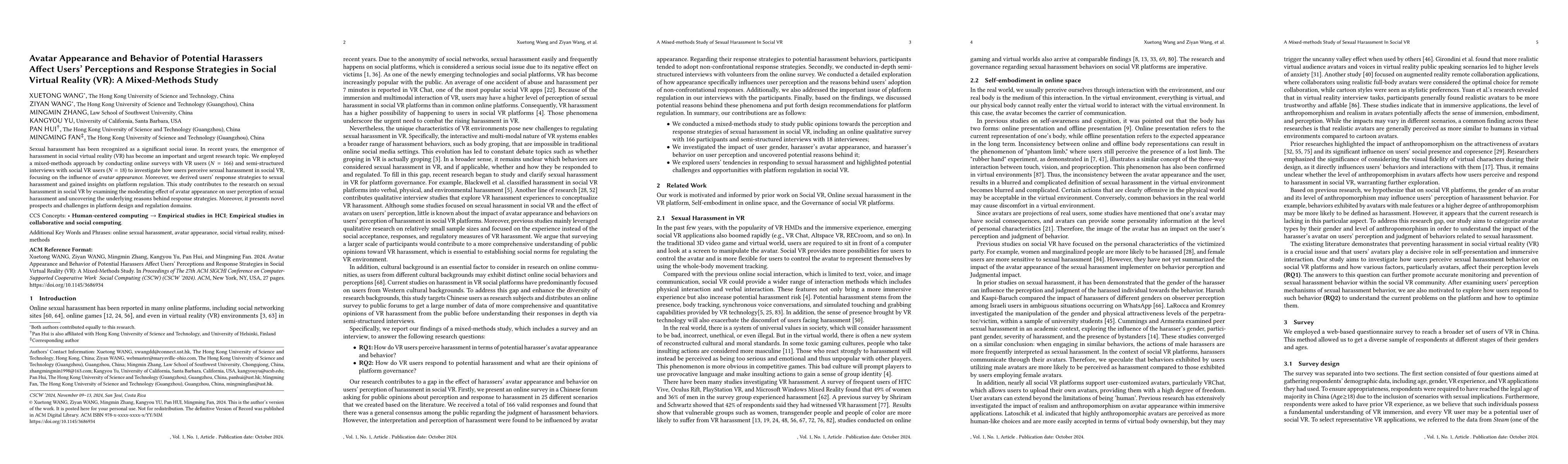 Thumbnail for Avatar Appearance and Behavior of Potential Harassers Affect Users'
  Perceptions and Response Strategies in Social Virtual Reality (VR): A
  Mixed-Methods Study