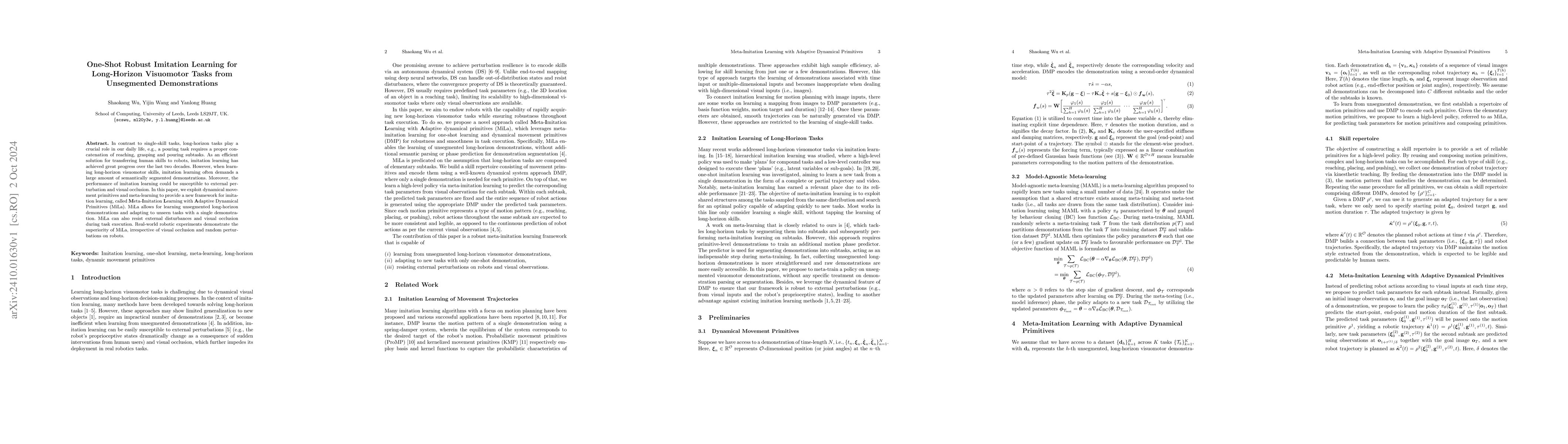 Thumbnail for One-Shot Robust Imitation Learning for Long-Horizon Visuomotor Tasks
  from Unsegmented Demonstrations