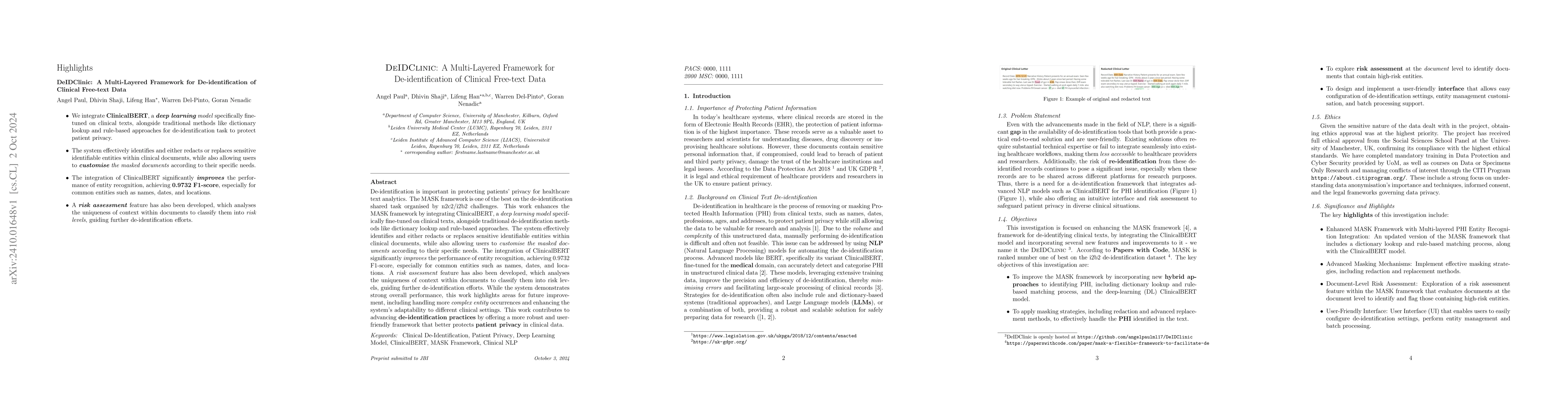 Thumbnail for DeIDClinic: A Multi-Layered Framework for De-identification of Clinical
  Free-text Data