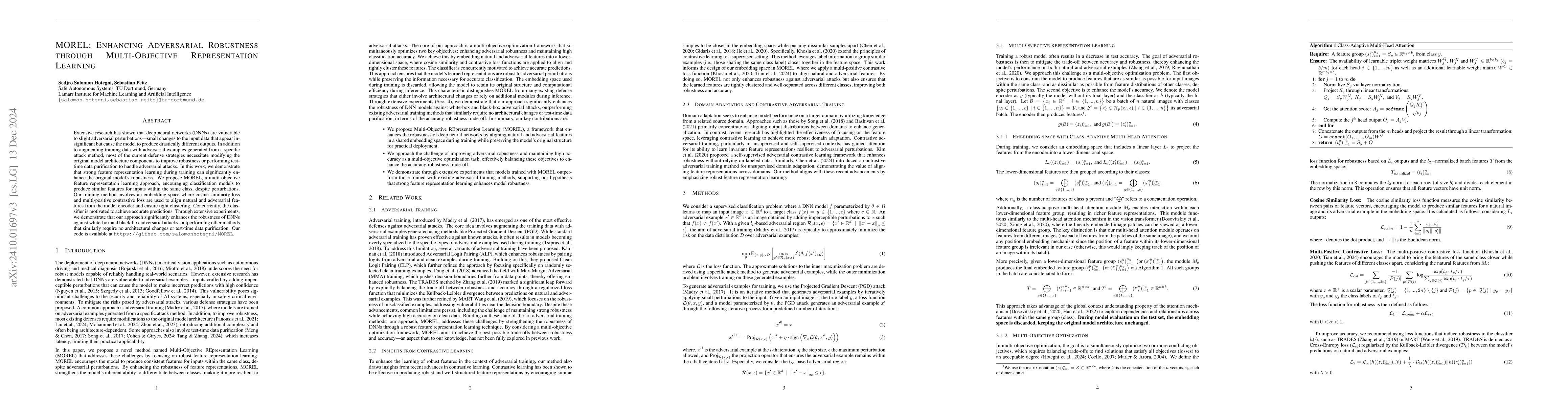 Thumbnail for MOREL: Enhancing Adversarial Robustness through Multi-Objective
  Representation Learning