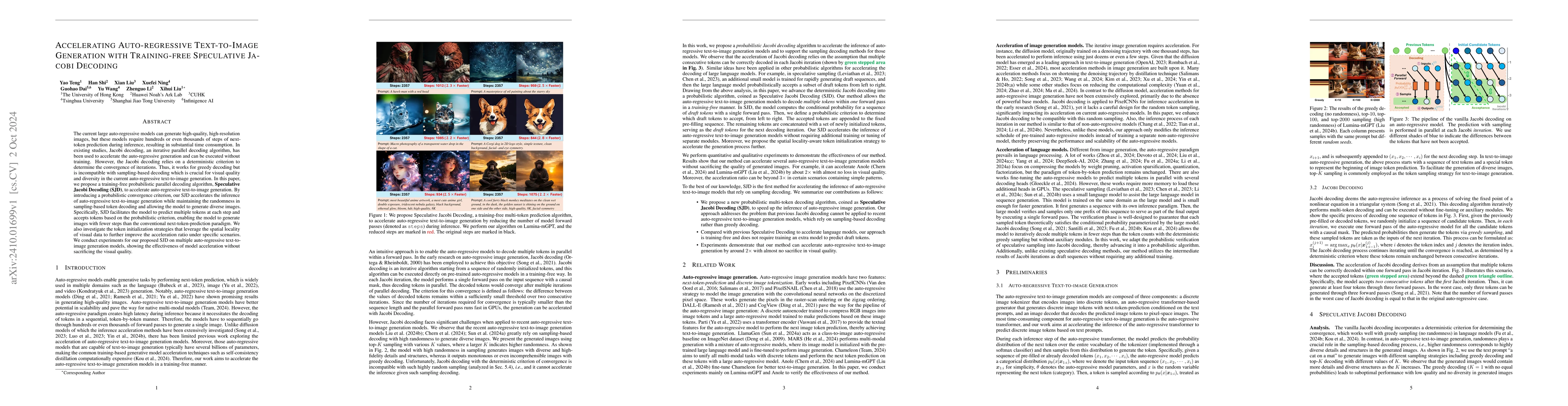 Thumbnail for Accelerating Auto-regressive Text-to-Image Generation with Training-free
  Speculative Jacobi Decoding