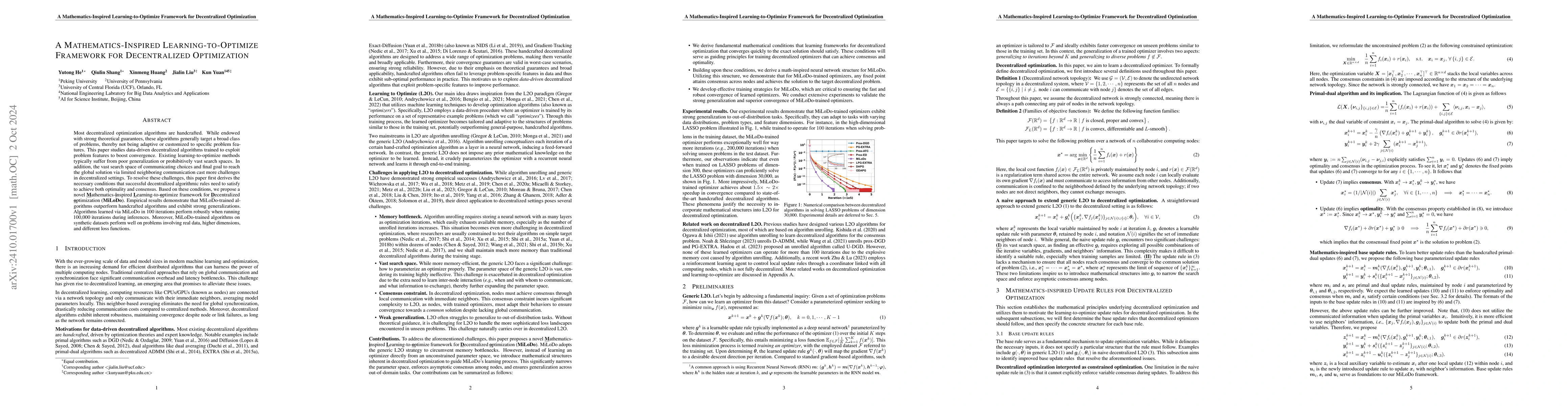 Thumbnail for A Mathematics-Inspired Learning-to-Optimize Framework for Decentralized
  Optimization