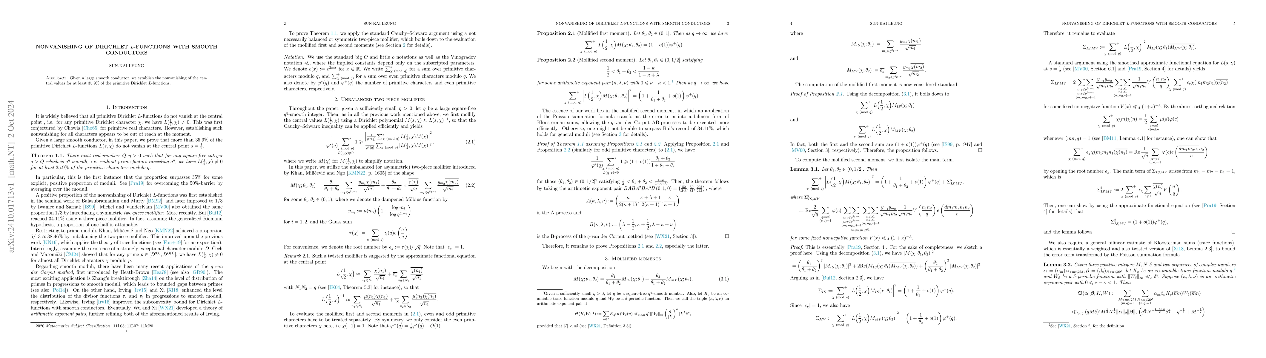 Thumbnail for Nonvanishing of Dirichlet $L$-functions with smooth conductors